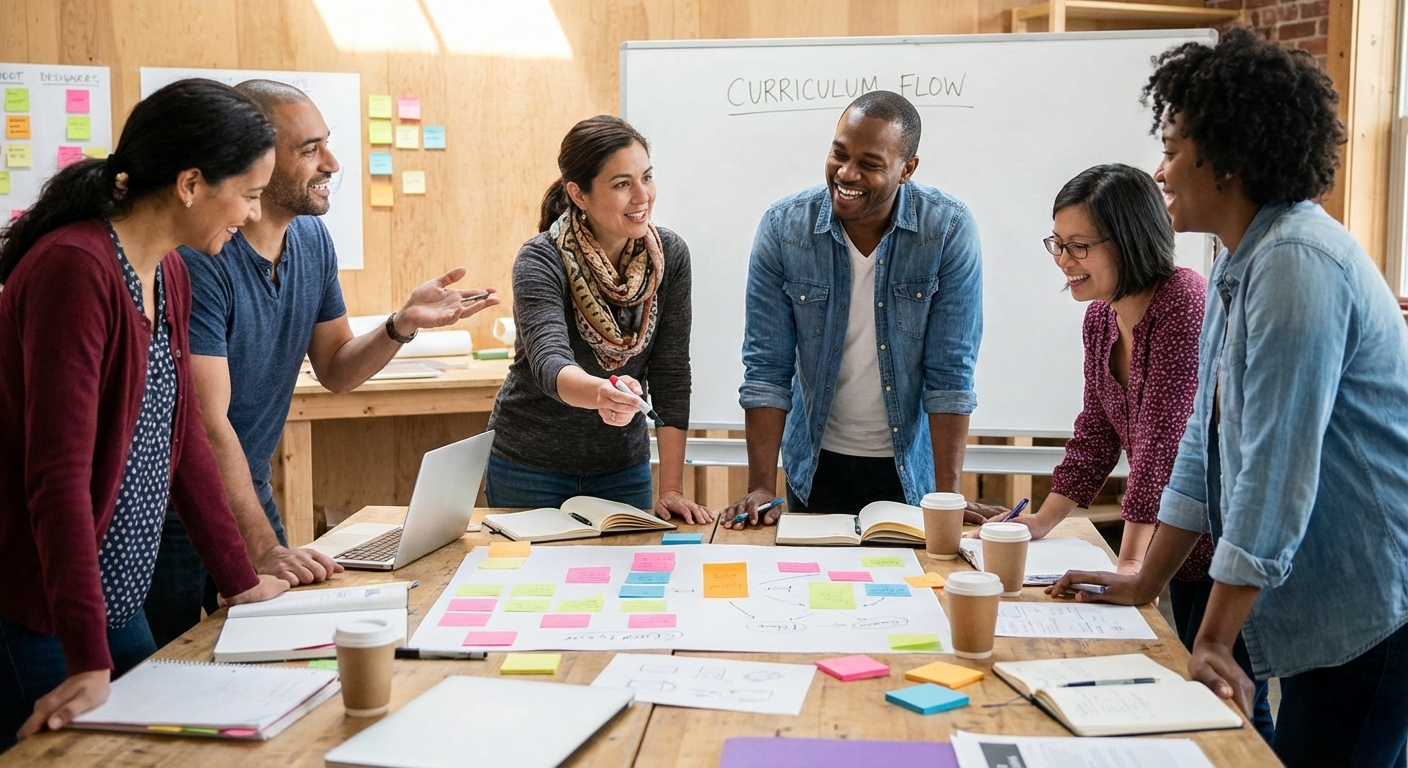 Diverse group of six people collaborating around a table with sticky notes and coffee cups. A whiteboard in the background shows 'Curriculum Flow'.