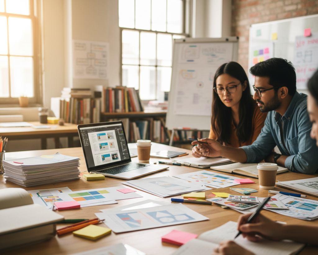 Group of people collaborating in a modern office, with a laptop displaying design work and documents spread across the table.