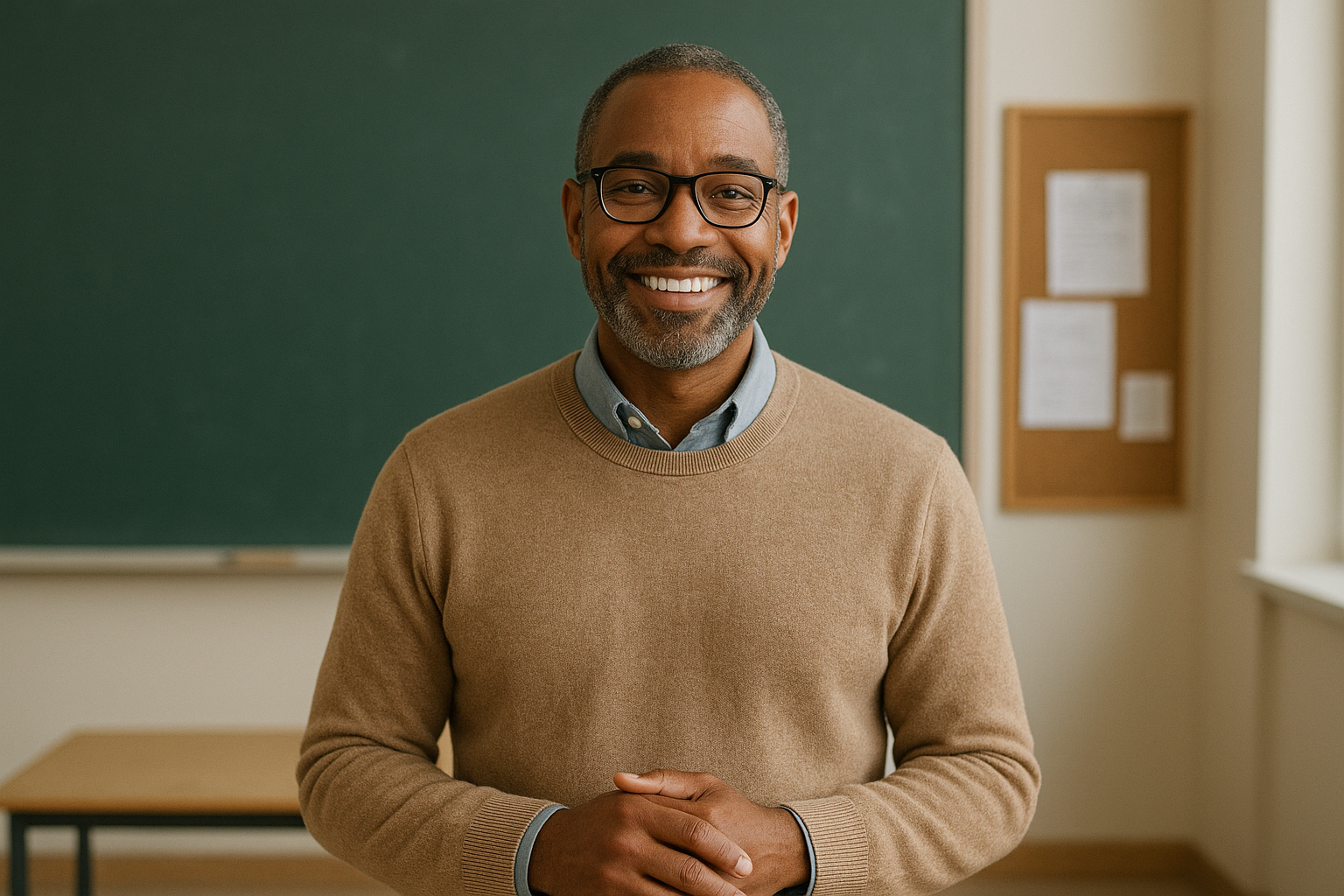 Smiling male educator with glasses and beard standing in a classroom in front of a chalkboard, wearing a tan sweater over a blue shirt.